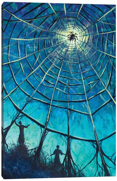 Two People And A Big Spider On A Web Fantasy Art Canvas Art Print - Spider Web Art