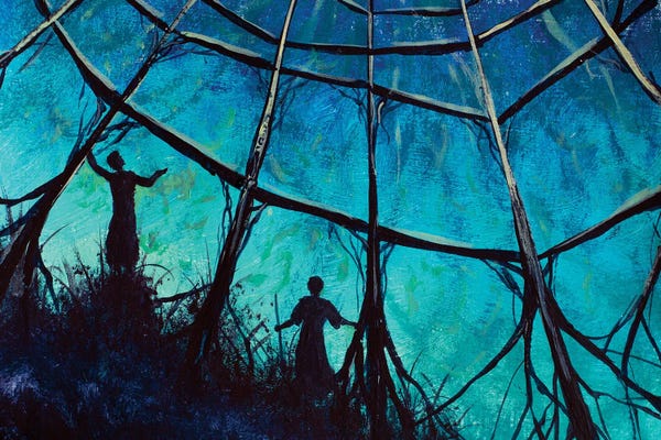 Spider Webs: Two People And Big Spider Web Fantasy Art by Valery Rybakow