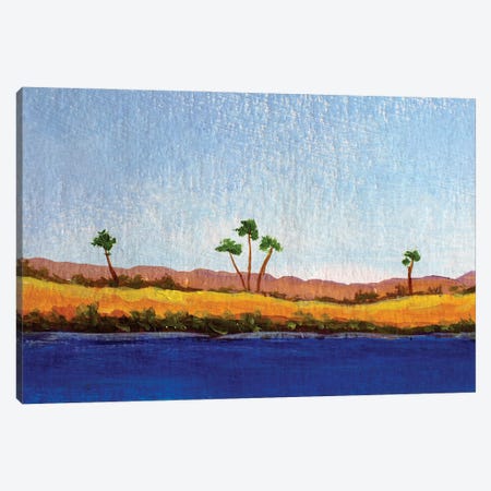 Yellow Sand And Palm Trees On Far Shore Blue Sea Canvas Print #VRY981} by Valery Rybakow Art Print