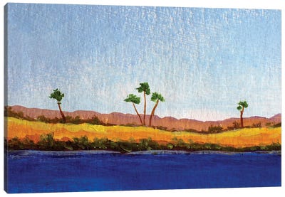 Yellow Sand And Palm Trees On Far Shore Blue Sea Canvas Art Print - Valery Rybakow