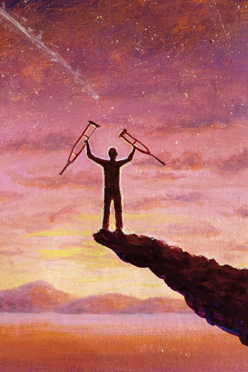 Miraculous Healing Happy Man Freed From Crutches On Mountain by Valery Rybakow wall art