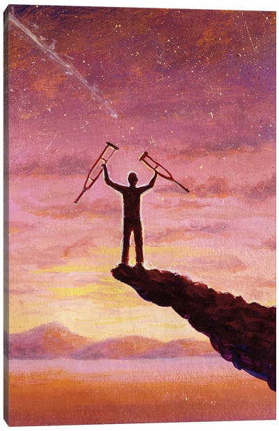 Miraculous Healing Happy Man Freed From Crutches On Mountain Canvas Art Print - Healing Art