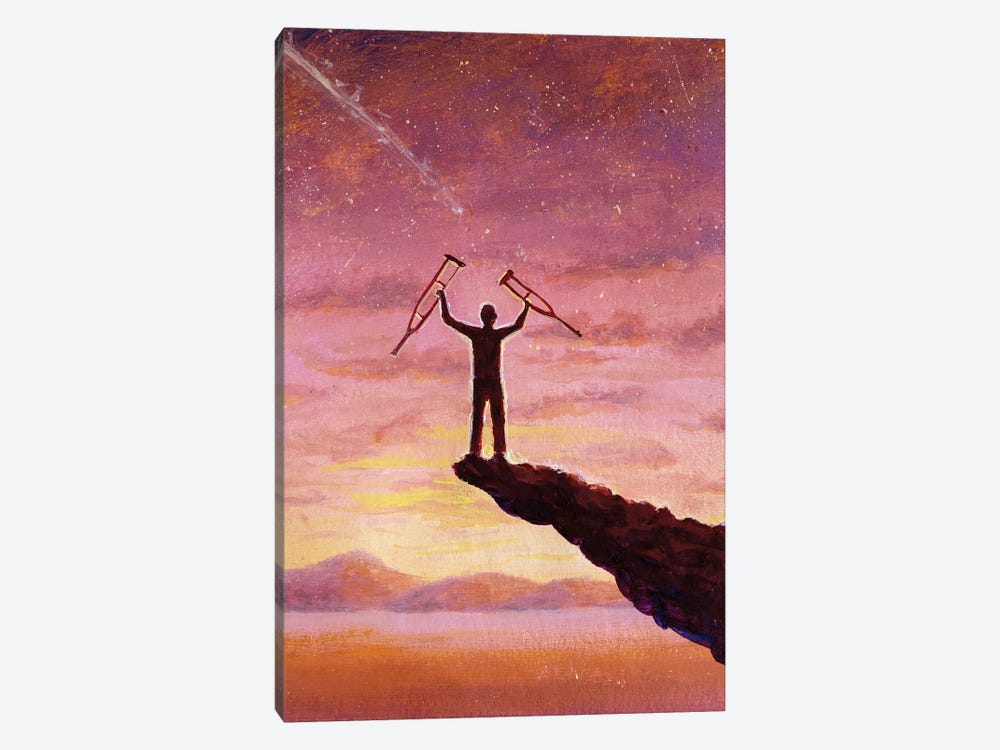 Miraculous Healing Happy Man Freed From Crutches On Mountain by Valery Rybakow 1-piece Canvas Art