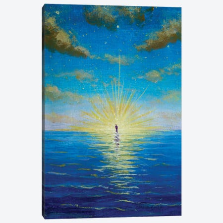 Man In The Sun Walking On Water In The Ocean Canvas Print #VRY992} by Valery Rybakow Canvas Wall Art