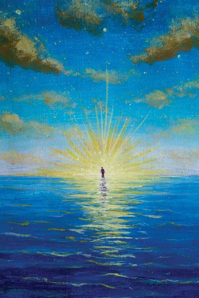 Man In The Sun Walking On Water In The Ocean