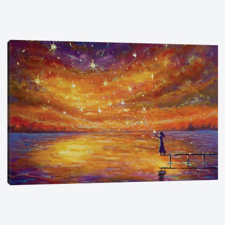Fairy Tale Painting Girl On Bridge Launches Magical Stars Into Sunset Over River Canvas Print #VRY998} by Valery Rybakow Canvas Art