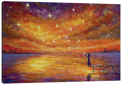 Fairy Tale Painting Girl On Bridge Launches Magical Stars Into Sunset Over River Canvas Art Print - Stargazers