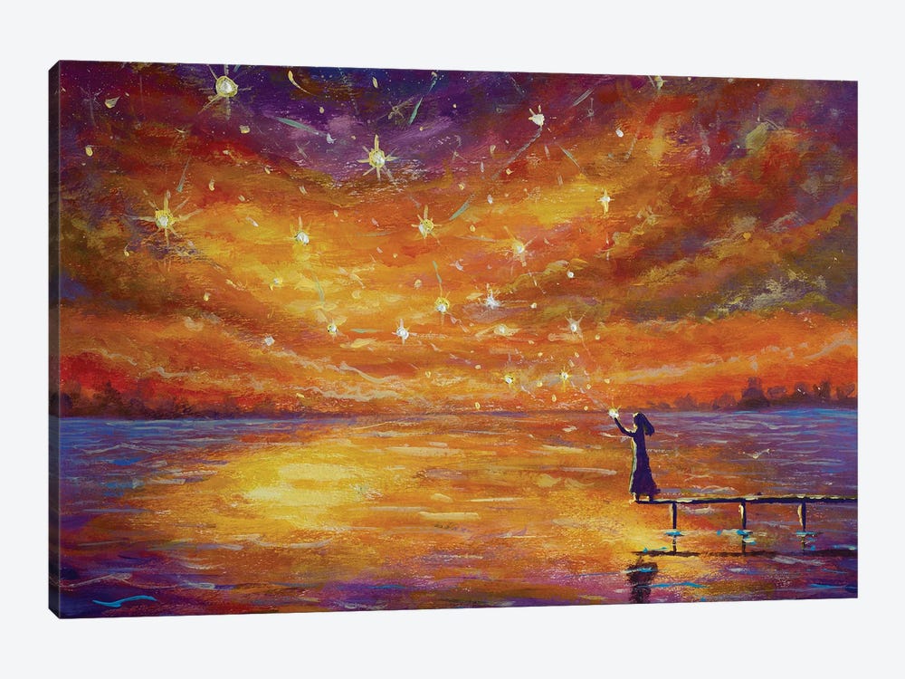 Fairy Tale Painting Girl On Bridge Launches Magical Stars Into Sunset Over River by Valery Rybakow 1-piece Canvas Print