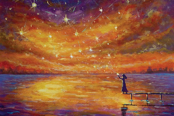 Valery Rybakow: Fairy Tale Painting Girl On Bridge Launches Magical Stars Into Sunset Over River by Valery Rybakow