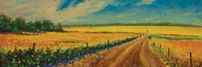 Panorama Oil Painting Road In A Yellow Field Of Ripe Grain Ears Russian Landscape Art by Valery Rybakow multi panel art