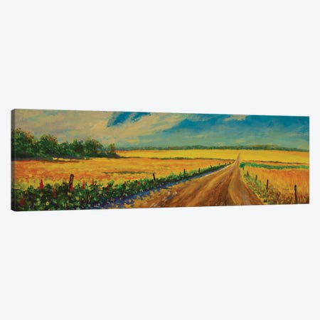 Panorama Oil Painting Road In A Yellow Field Of Ripe Grain Ears Russian Landscape Art Canvas Print #VRY999} by Valery Rybakow Canvas Wall Art