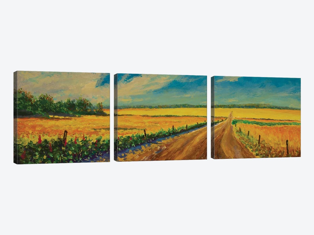 Panorama Oil Painting Road In A Yellow Field Of Ripe Grain Ears Russian Landscape Art by Valery Rybakow 3-piece Canvas Art