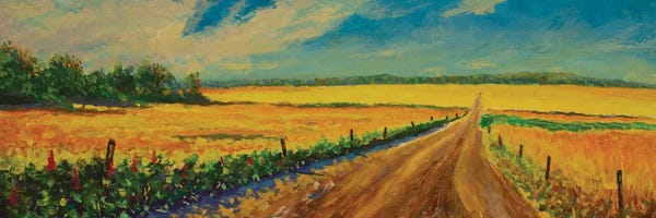 Valery Rybakow: Panorama Oil Painting Road In A Yellow Field Of Ripe Grain Ears Russian Landscape Art by Valery Rybakow