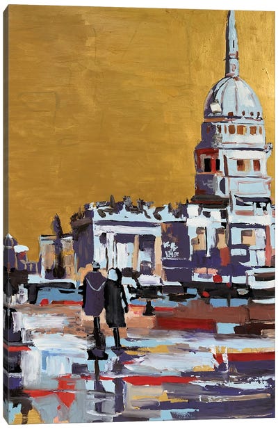 Golden Sky On Trafalgar Square Canvas Art Print - Famous Places of Worship