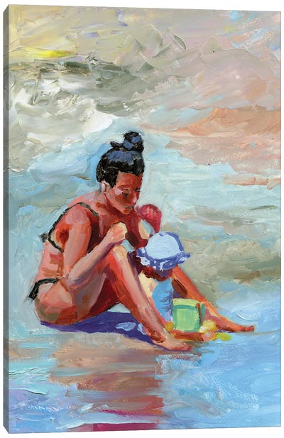 Mother With Baby On The Beach Canvas Art Print - Contemporary Coastal