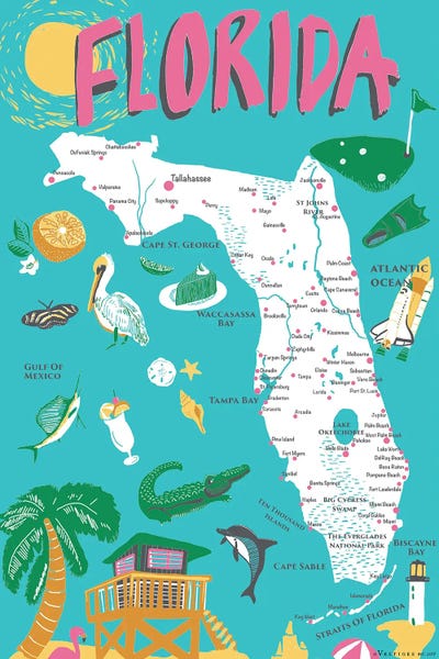 Large Map Art - Canvas Prints: Florida II by Vestiges