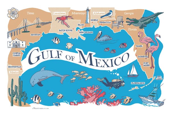 Large Map Art - Canvas Prints: Gulf Of Mexico by Vestiges