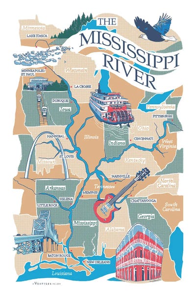 Large Map Art - Canvas Prints: Mississippi River by Vestiges