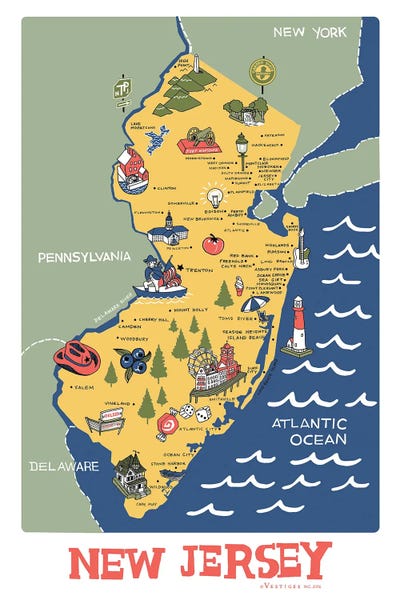 Large Map Art - Canvas Prints: New Jersey II by Vestiges