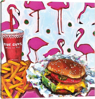 Still Life With Five Guys Burger, French Fries And Pink Flamingos Canvas Art Print - Victoria Sukhasyan