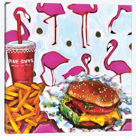 Still Life With Five Guys Burger, French Fries And Pink Flamingos Canvas Print #VSH106} by Victoria Sukhasyan Canvas Wall Art