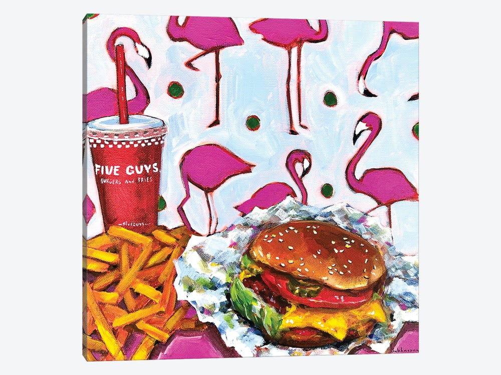 Still Life With Five Guys Burger, French Fries And Pink Flamingos by Victoria Sukhasyan 1-piece Canvas Wall Art