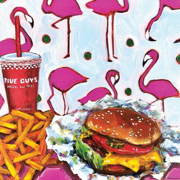 Simple Pleasures: Still Life With Five Guys Burger, French Fries And Pink Flamingos by Victoria Sukhasyan