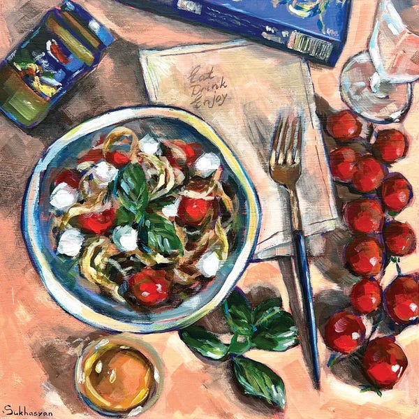 Simple Pleasures: Still Life With Pasta And Tomatoes by Victoria Sukhasyan