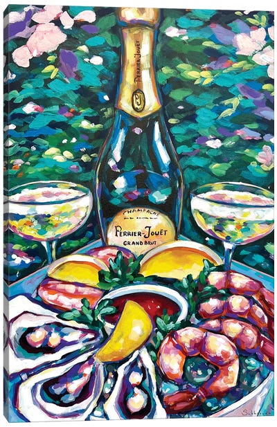 Still Life With Champagne, Mussels, Shrimps And Lemons Canvas Art Print - Seafood
