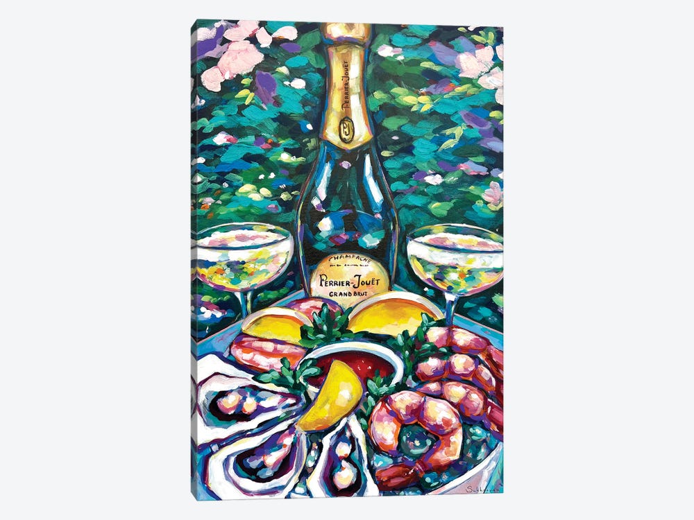 Still Life With Champagne, Mussels, Shrimps And Lemons by Victoria Sukhasyan 1-piece Canvas Print
