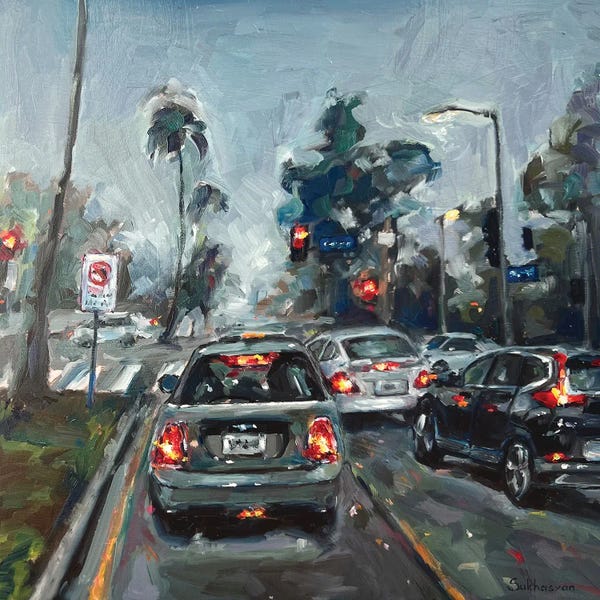 Los Angeles: Foggy Day Los Angeles Cityscape by Victoria Sukhasyan