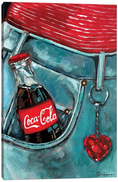 Coca-Cola, Blue Jeans And Heart Shaped Keychain Canvas Art Print - Soft Drink Art