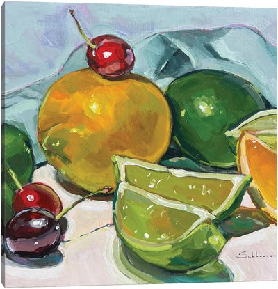 Still Life With Lemons, Cherries And Limes Canvas Art Print - Cherry Art