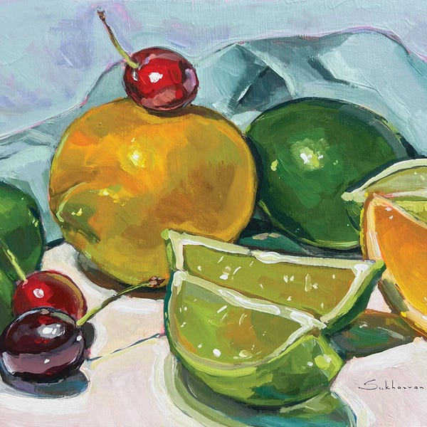An Ode To Objects: Still Life With Lemons, Cherries And Limes by Victoria Sukhasyan