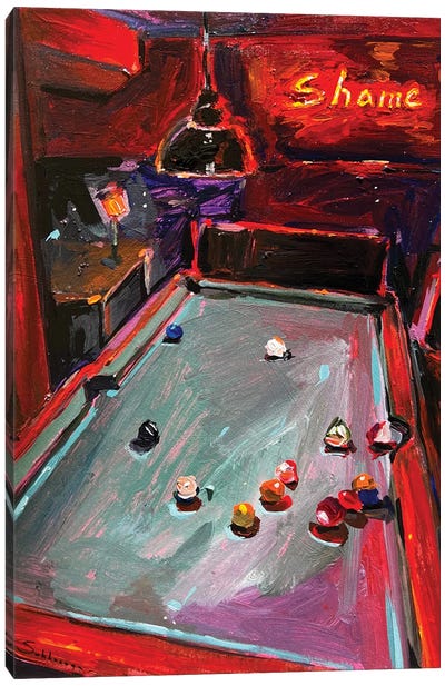 Interior In Red With Billiard Table Canvas Art Print - Pool & Billiards Art