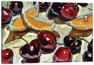 Still Life With Cherries And Lemon Slices Canvas Art Print - Victoria Sukhasyan