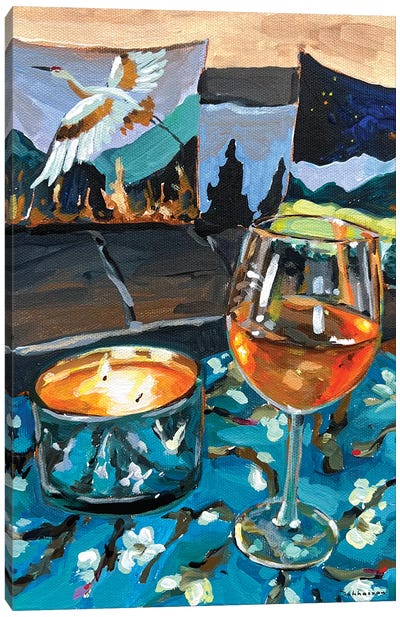 Still Life With The Glass Of White Wine And Candle Canvas Art Print - Victoria Sukhasyan