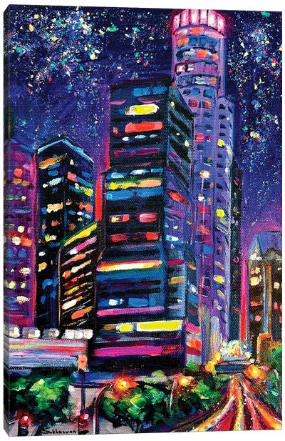 Los Angeles Cityscape At Night Canvas Art Print - Victoria Sukhasyan