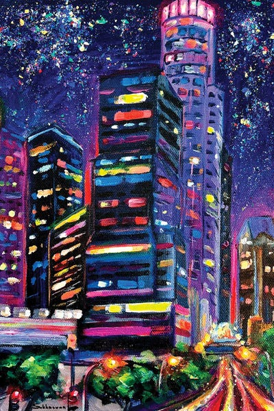 Contemporary Streetscapes: Los Angeles Cityscape At Night by Victoria Sukhasyan