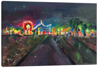 Santa Monica At Night Canvas Art Print - Amusement Park Art