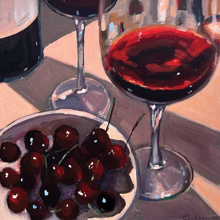 Still Life With Red Wine And Cherries