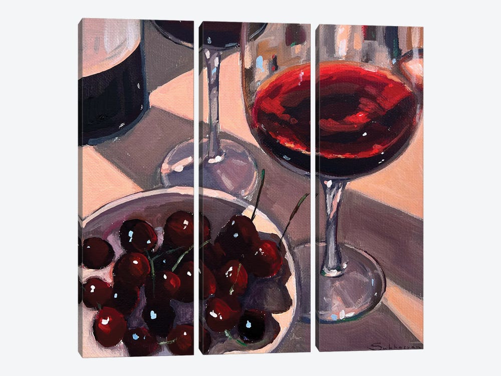 Still Life With Red Wine And Cherries by Victoria Sukhasyan 3-piece Canvas Print