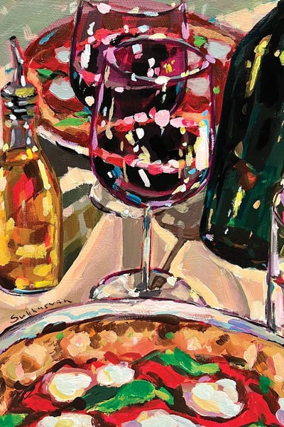 An Ode To Objects: Still Life With Red Wine And Pizza by Victoria Sukhasyan