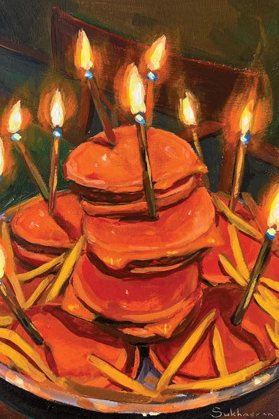 Sandwiches: Still Life With Burgers And Birthday Candles by Victoria Sukhasyan