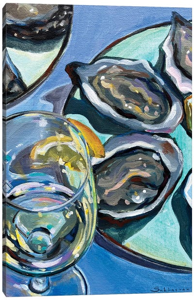 Still Life With Wine, Oysters And Lemons II Canvas Art Print - Lemon & Lime Art