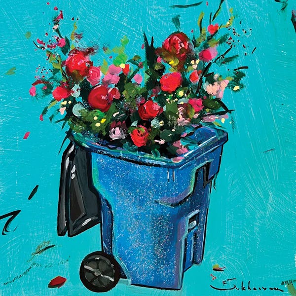 Fine Art Print: Flowers In A Trash Bin by Victoria Sukhasyan