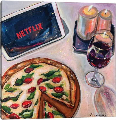 Friday Night. Still Life With Wine And Pizza Canvas Art Print - Food & Drink Art