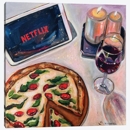 Friday Night. Still Life With Wine And Pizza Canvas Print #VSH228} by Victoria Sukhasyan Canvas Artwork