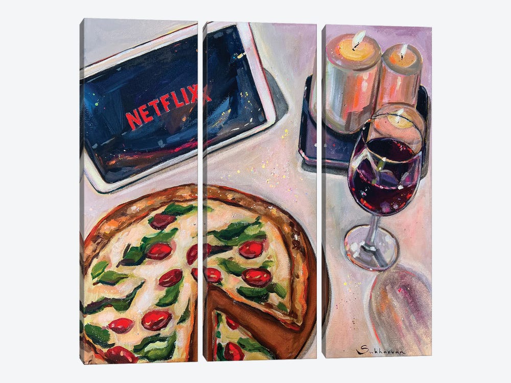 Friday Night. Still Life With Wine And Pizza by Victoria Sukhasyan 3-piece Canvas Art