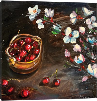 Still Life With Cherries And Flowers Canvas Art Print - Cherry Blossom Art